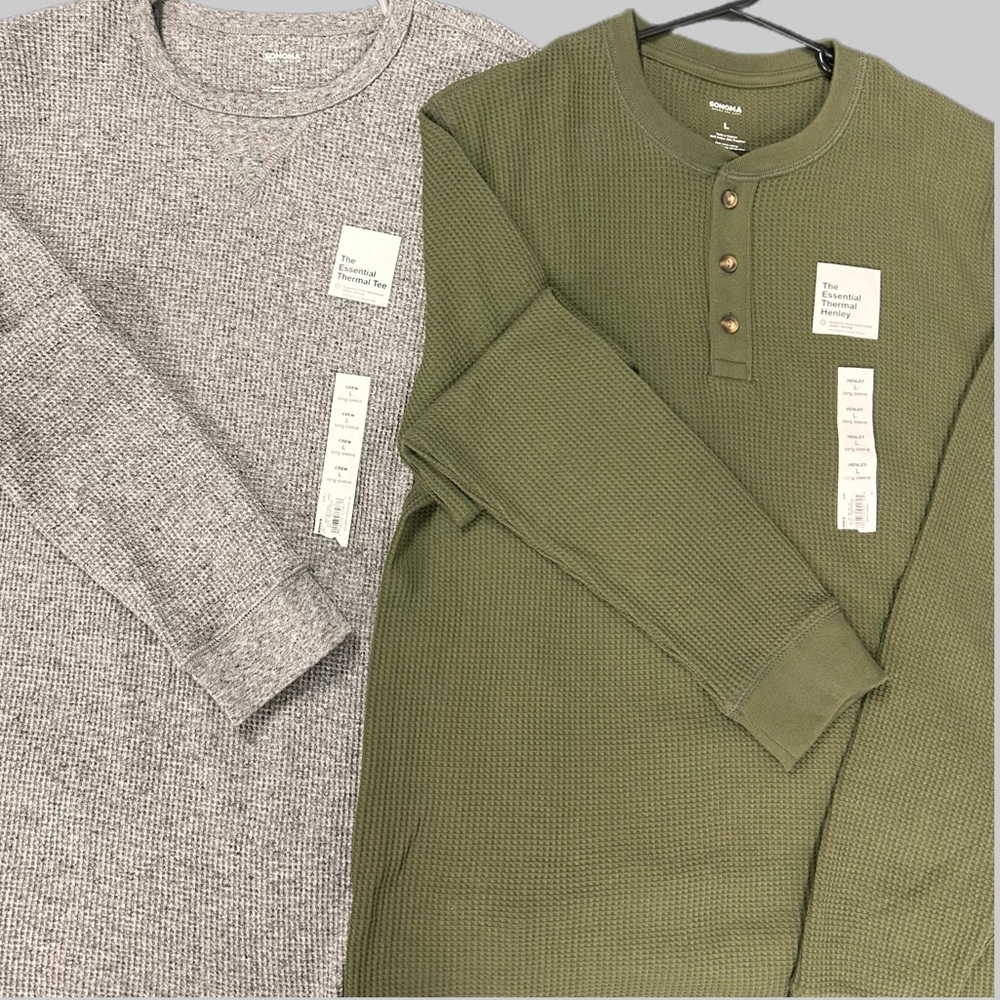2 for 1: NWT. Olive Green and Gray Men's Henley Shirts